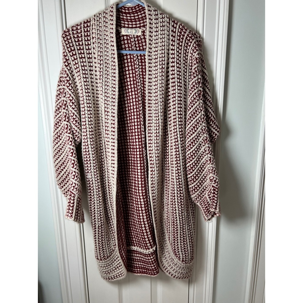 Pink Rose Burgundy Cream Waffle Knit Open Front Cardigan Sweater Large PF627094